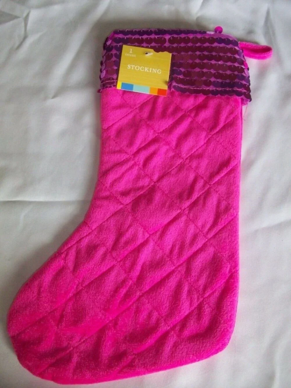 Pink Sequin Cuff Quilted Christmas Stocking Holiday